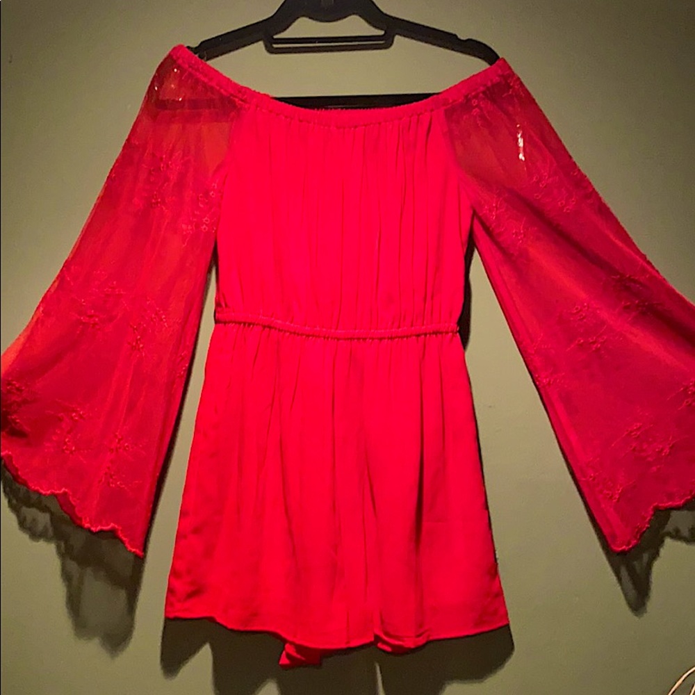Off The Shoulder Red Mini Romp BELL LACE SLEEVE